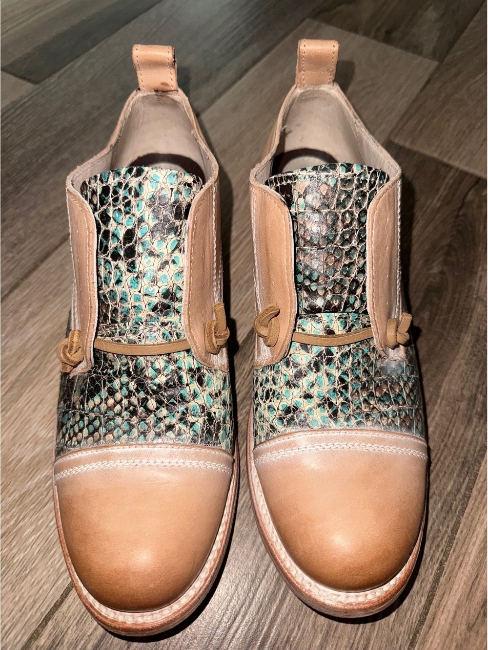 Freebird Mabel Women's Tan Leather and Snake Print Ankle Boots, 9 EUC